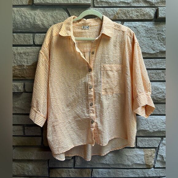 Free People Checked Out Gingham Yellow Button Up Top Medium - Picture 7 of 9